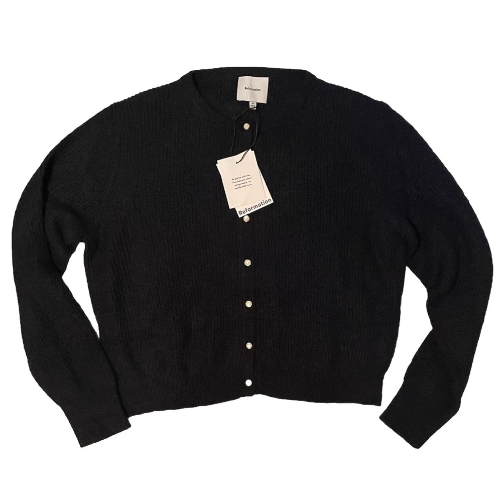 NWT Reformation Women's XS Cece Alpaca Ribbed Cardigan Black with Pearl Buttons